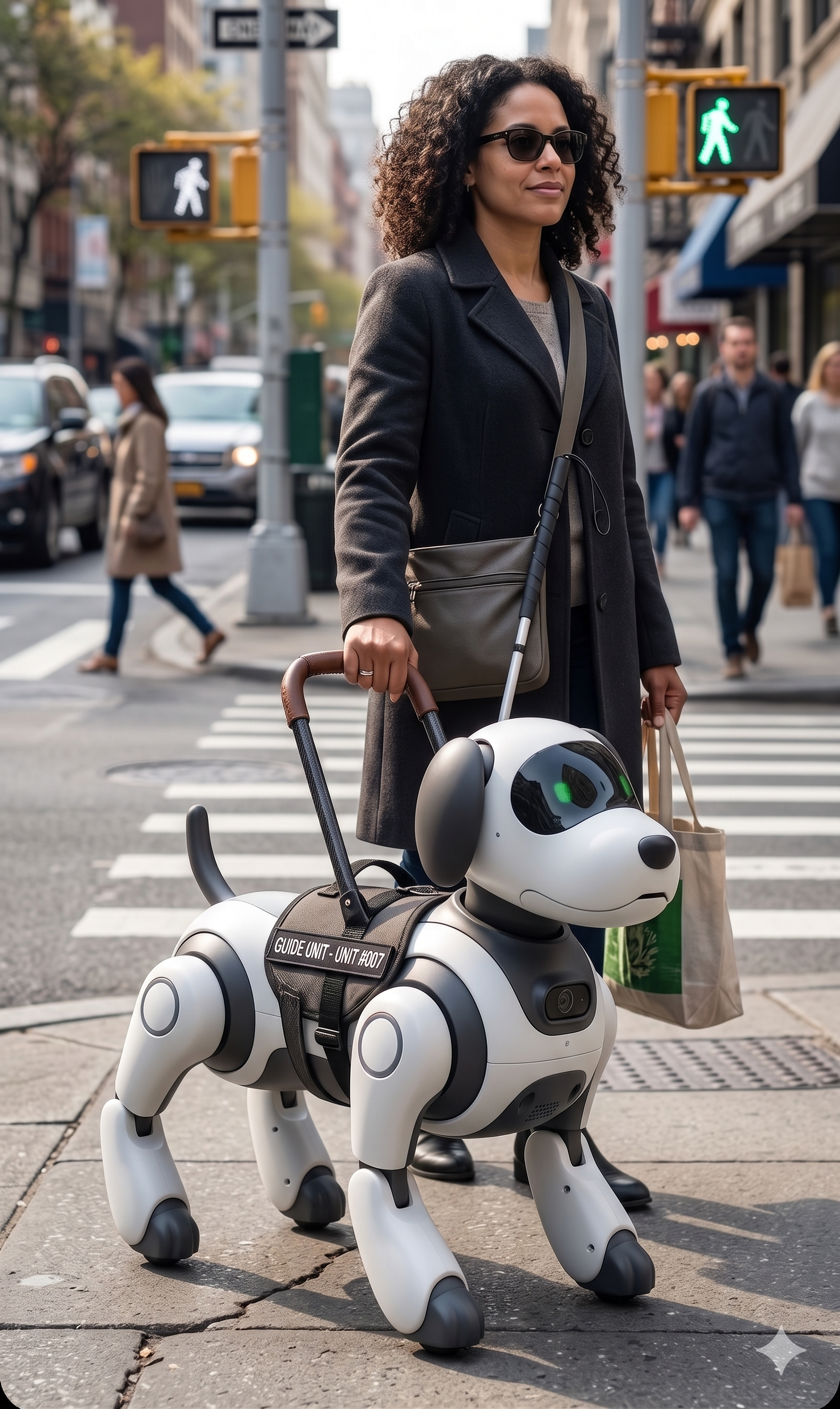 Robopaw acting as a guide unit for a woman in the city